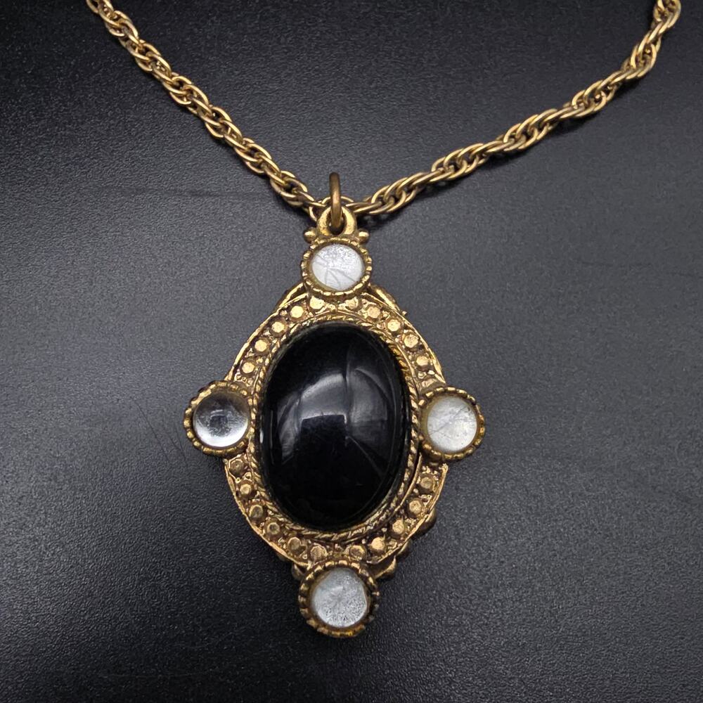 Black Clear Gold Tone Pendant Necklace Edwardian Victorian Revival Vintage